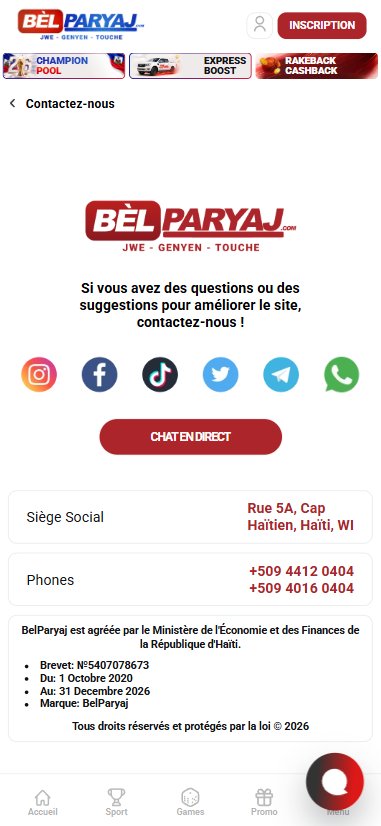 Page contact de Belparyaj avec adresse et licence à Cap-Haïtien