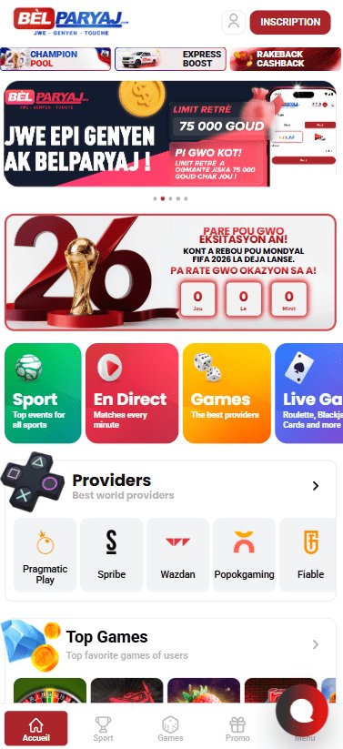 Page d'accueil de Belparyaj avec les top jeux et fournisseurs